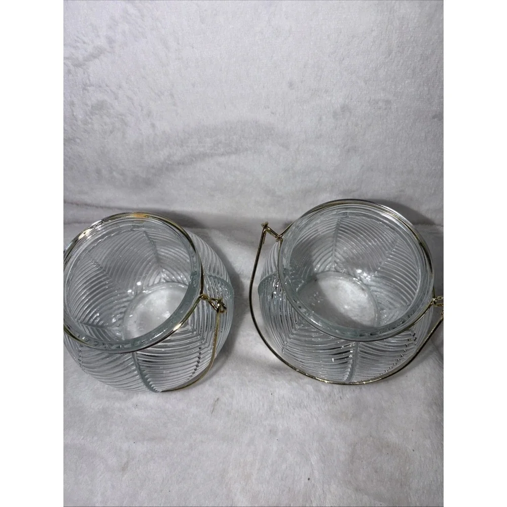 Set of 2 Clear Glass Votive Candle Holders Gold Wire Handles Leaf Texture Patio‎